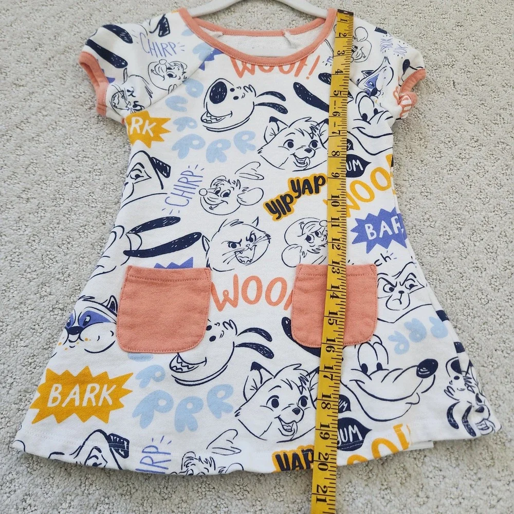 Disney Toddler Girls Dress White Cartoon Dog Cat Print Pockets‎ EUC Size XS 4/5